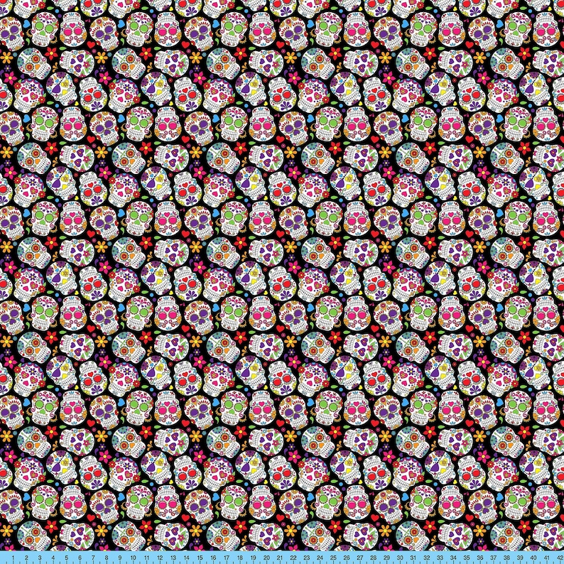 Sugar Skulls Fabric the Yard. Broadcloth, Poplin, Gabardine, Liverpool for Clothing and Craft Projects. image 2