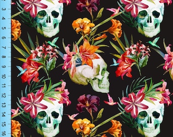 Skulls and Flowers Fabric: Black Pattern By The Yard
