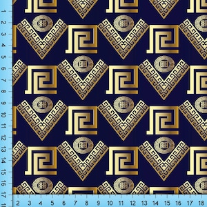 Gouden barokke stof op maat gesneden, keuze uit stoffen met geometrisch patroon op marineachtergrond