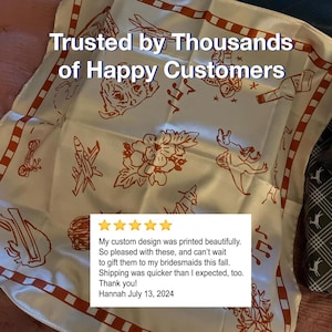 The image is a collage of several images, including a close-up of a printed fabric with a design, a text overlay, and a rating system.
