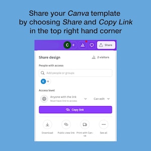 The image is a screenshot of a Canva template sharing interface, with a blue background and a purple header. The interface allows users to share their Canva template by choosing the "Share and Copy Link" option in the top right corner.