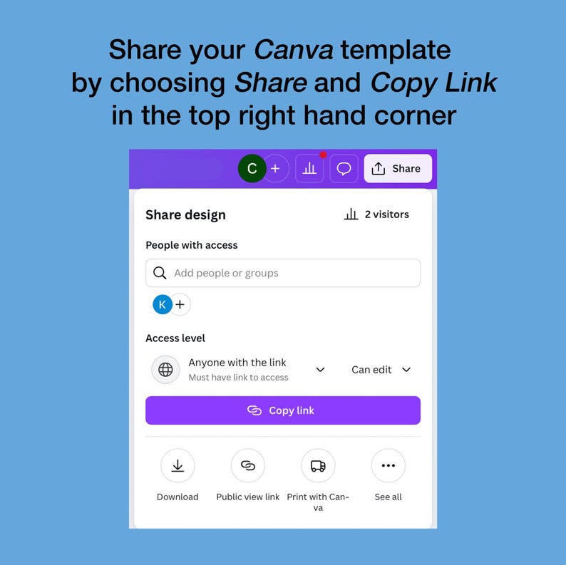 The image is a screenshot of a Canva template sharing interface, with a blue background and a purple header. The interface allows users to share their Canva template by choosing the "Share and Copy Link" option in the top right corner.