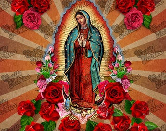 Virgin Mary, Our Lady of Guadalupe Fabric panel. Brown fabric square for crafts, pillow covers, wall hanging, bandana or clothing