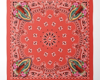 Virgin Mary, Our Lady of Guadalupe Paisley Red Bandana, Head Wrap, Altar Cloth or Scarf