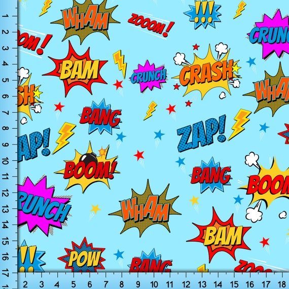 Blue Comic Book Sound Effects Fabric Design, Novelty Superhero