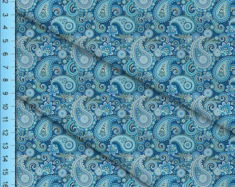 Blue Paisley Fabric, Ornate Pattern By the Yard