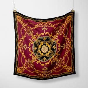Baroque Burgundy Satin Bandana: Gold Designer Head Wrap Scarf