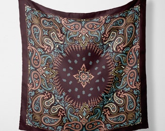 Paisley Bandana Brown Pastel Blue and Pink, Ornate Tie Top, Halter Top, Head Wrap or Hair Scarf