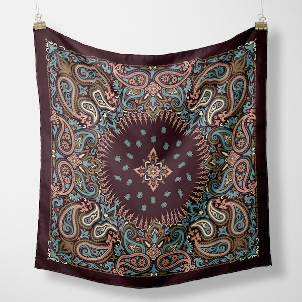 Paisley Bandana Brown Pastel Blue and Pink, Ornate Tie Top, Halter Top, Head Wrap or Hair Scarf