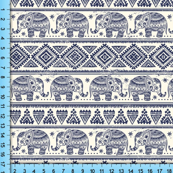 Boho Elephant Fabric Pattern, Blue Elephant Design Printed By the Yard