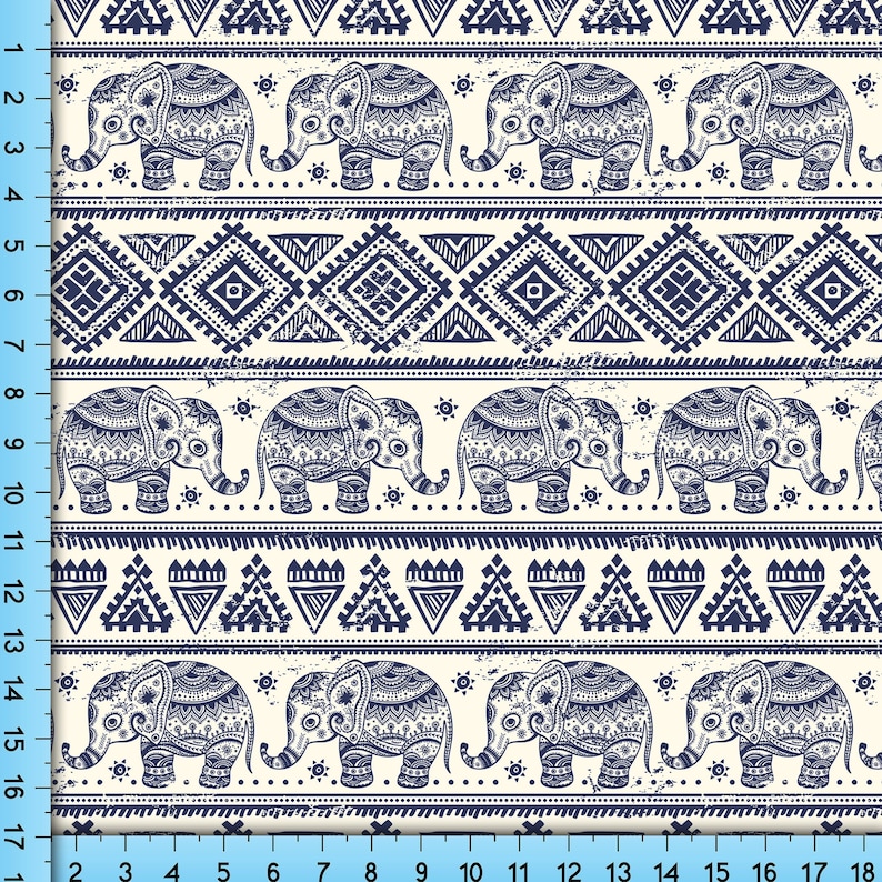 Padrão de tecido de elefante Boho, desenho de elefante azul impresso no quintal imagem 1