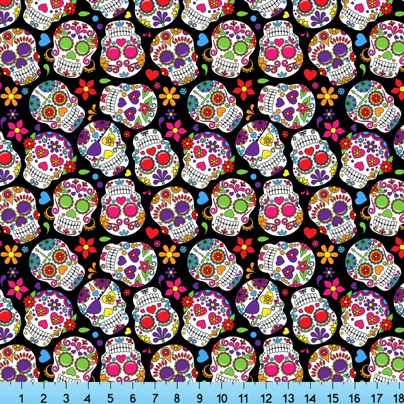 Colorful Sugar Skulls Fabric Printed By the Yard. Lycra | Etsy