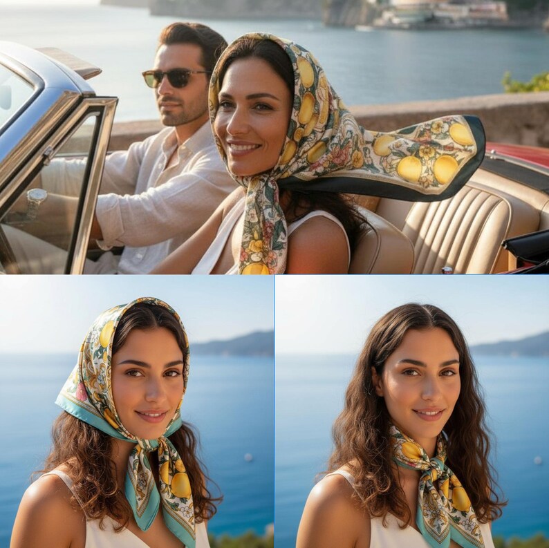 The image is a collage of three photos featuring a woman and a man in a car, with a scenic ocean view in the background.