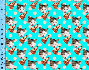 Pizza Cat Turquoise Fabric: Funny Novelty Design By The Yard