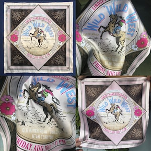 four different views of a fabric with a design featuring a cowboy and a horse, along with text and floral elements.