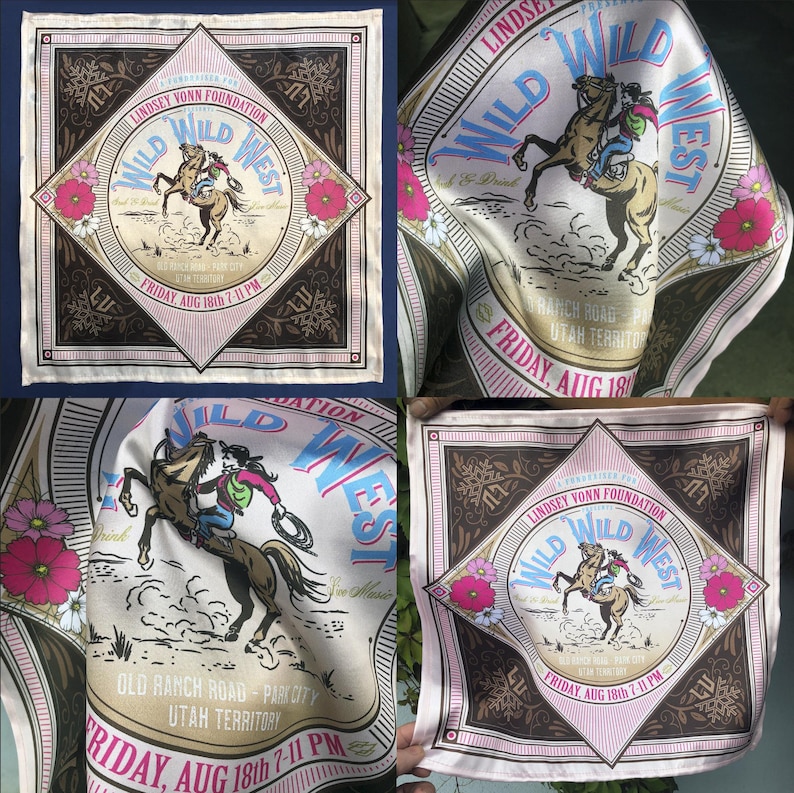 four different views of a fabric with a design featuring a cowboy and a horse, along with text and floral elements.