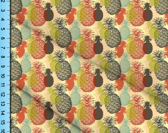 Pineapple Woodblock Etching Print Fabric, Vintage Style Tropical Pattern Fabric By the Yard