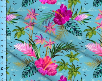 Tropical Hibiscus Flower Fabric: Pink Floral Print on Blue