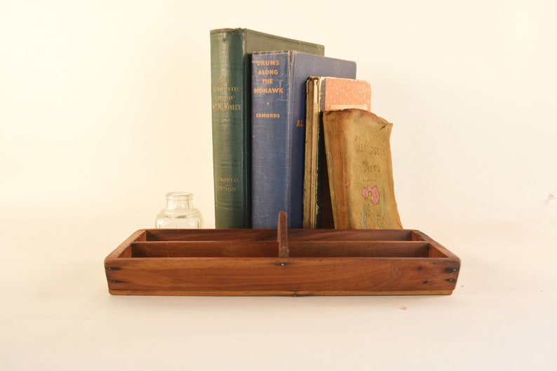 Vintage Wooden Tray Rustic Desk Accessory Divided Image 0