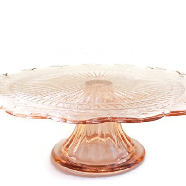 Pink Glass Cake Stand, Vintage Round Pedestal Cake Plate, Scalloped Edge Dessert Stand, 10 inch dessert Platter, Cupcake Stand, Wedding