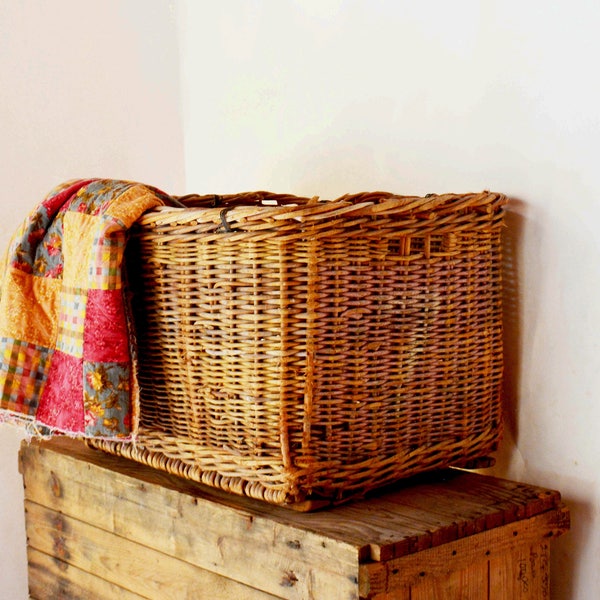 RESERVED - Large Wicker Basket, Antique Cotton Picking Basket, Heavy Duty Woven Basket, Rectangular Storage Bin, Storage Basket, Farmhouse