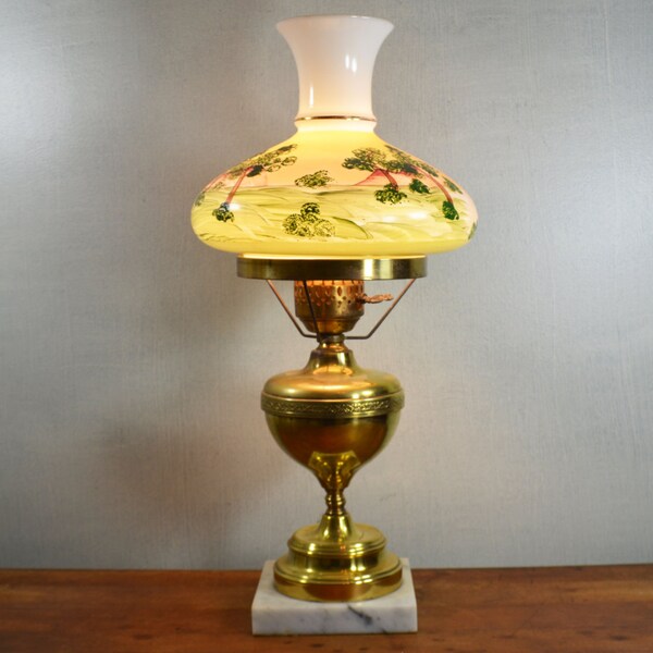 Lámpara de vidrio leche, lámpara de cobre amarillo Vintage, latón y lámpara de cristal, Casa Decor, lámpara de mano pintadas, cortina, lámpara de escritorio, cabina de vidrio pintado a mano
