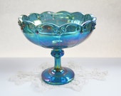 Carnival Glass Compote Bowl, Vintage Blue Iridescent Pedestal Dish, Teal or Aqua Large Fruit Bowl, Ocean Blue Decor