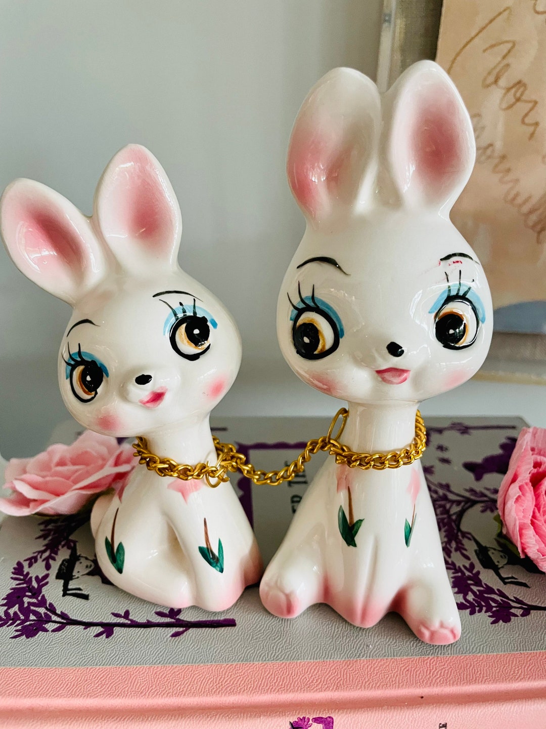 Kitsch Shiny Rabbit Vintage Kitsch RARE Ceramic Chained Floral Big Eyed Bunny Rabbit Pair ...