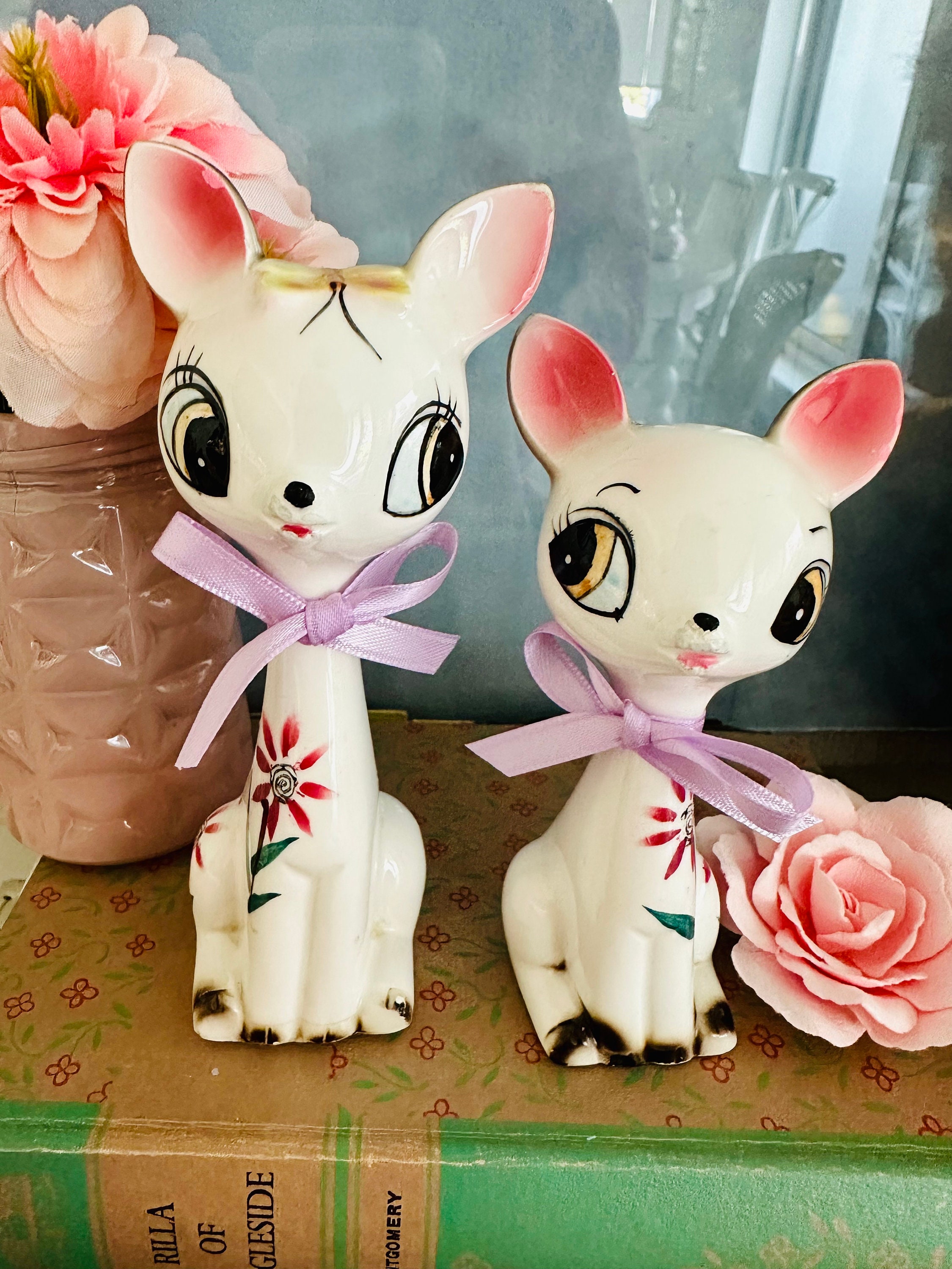 Vintage Kitsch RARE Ceramic Norcrest   Floral deer fawn Pair lover figurines - Japan
