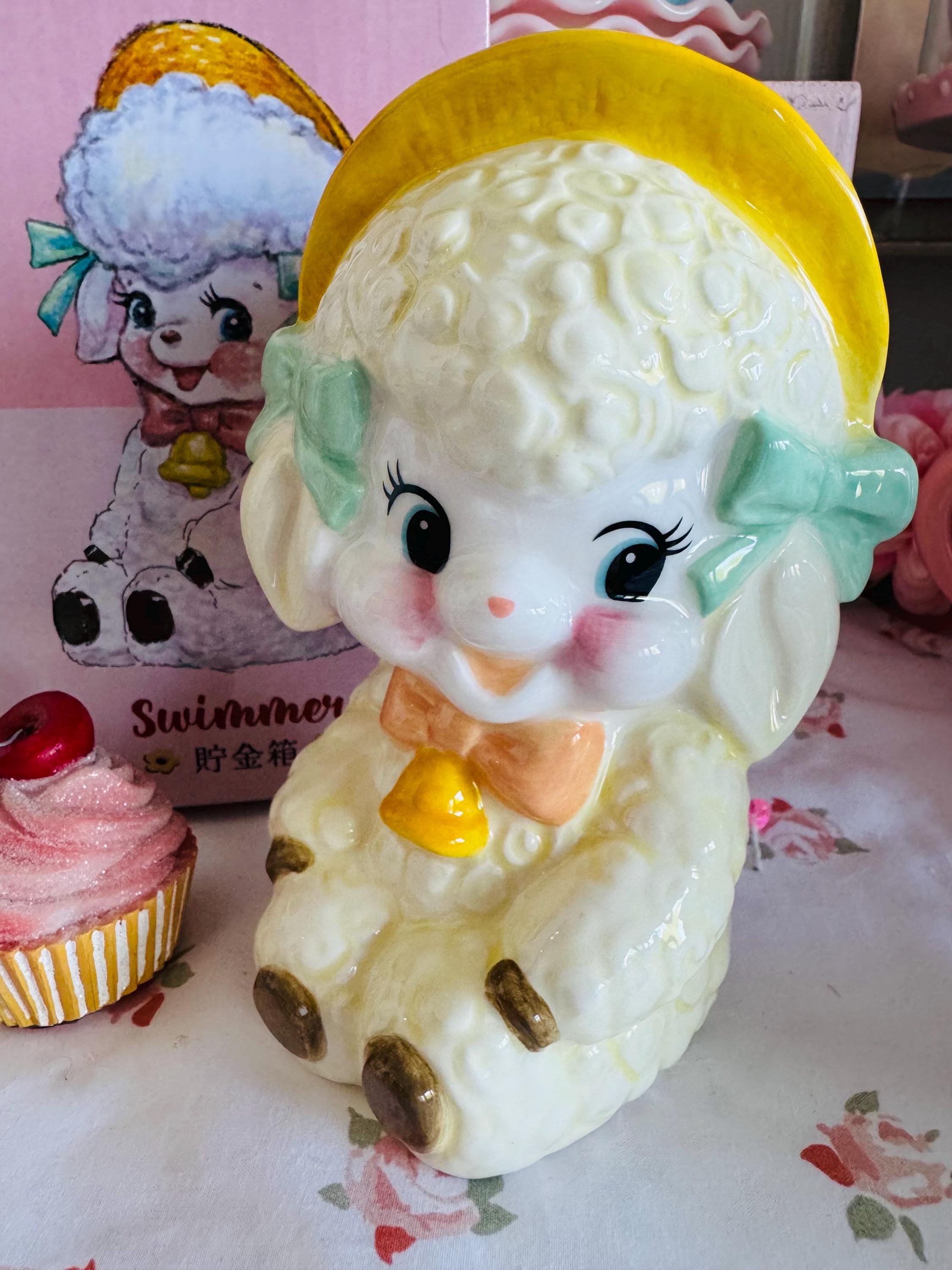 Japan Swimmer Meyercord Kitsch Lamb Sheep With Bonnet Piggy Bank