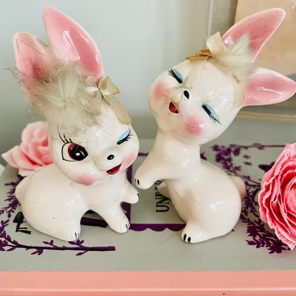 Vintage Kitsch Japan Ceramic  Cute Winking Bunnies Rabbits Lovers Figurines  - Mid Century Japan