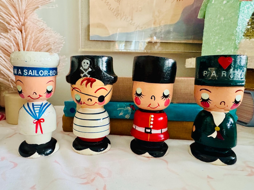 Vintage Japan Rune Naito Style Soldier Sailor Pirate Wooden Eggcups Set ...