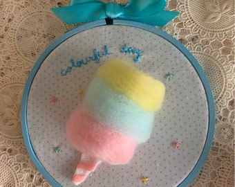 Candy Sweet Pink Rainbow Cotton Candy Embroidery Hoop Wall Art, Felt Art, Nursery Art, Home Decor, Birthday Gift