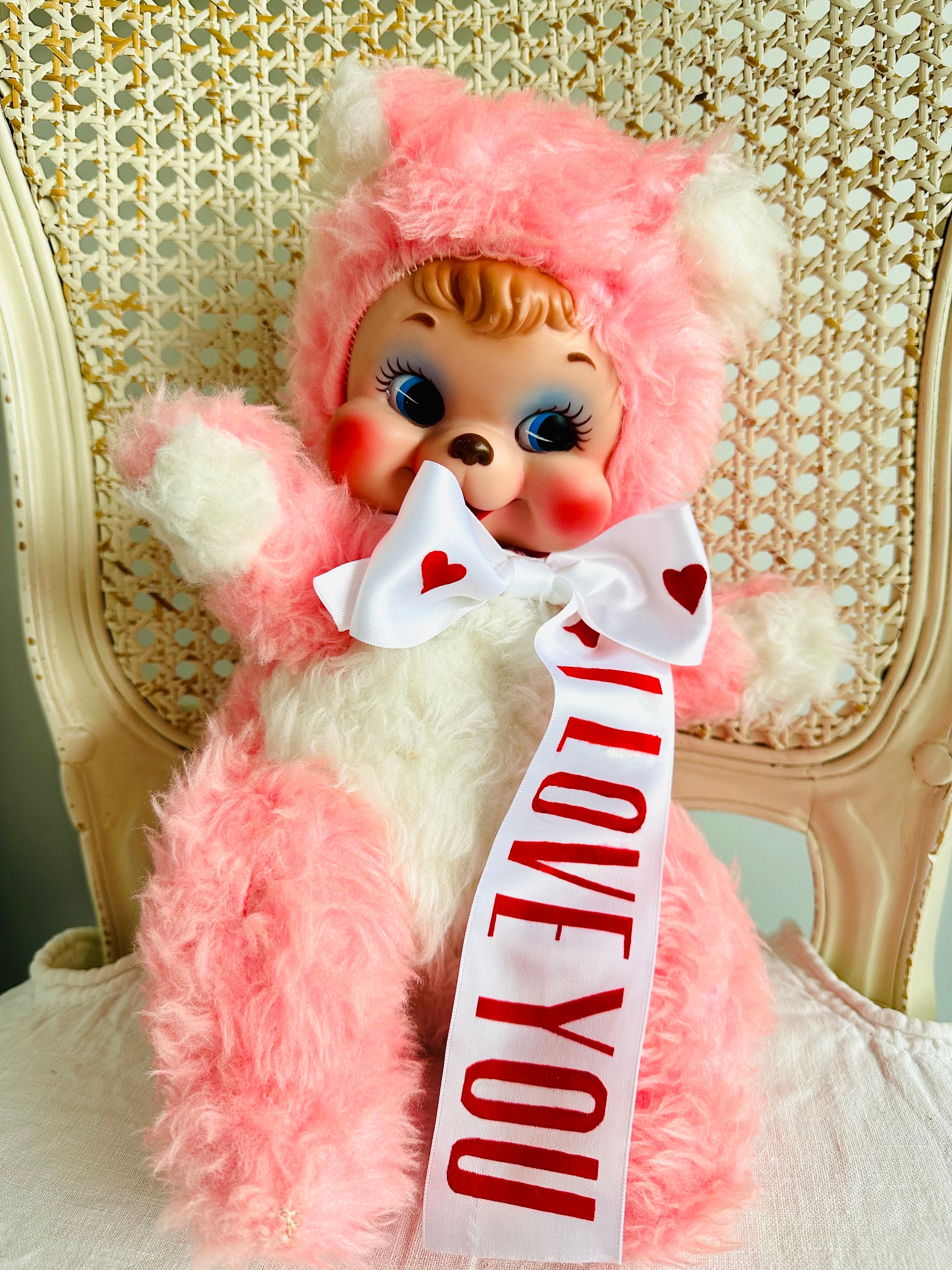 Vintage Rushton Rubber Face Medium PINK Happy Bear Plush Toy Doll
