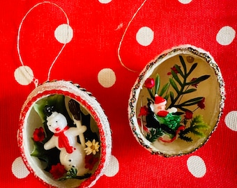Vintage Kitsch&#39;s  Miniature Diorama  Santa Snowman Egg Christmas Ornaments - Set of 2