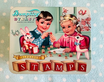Vintage Inspired Discontinued Dumpling Dynasty Kitsch  Kids Bunny Deer Alphabet Stamps collectible tin