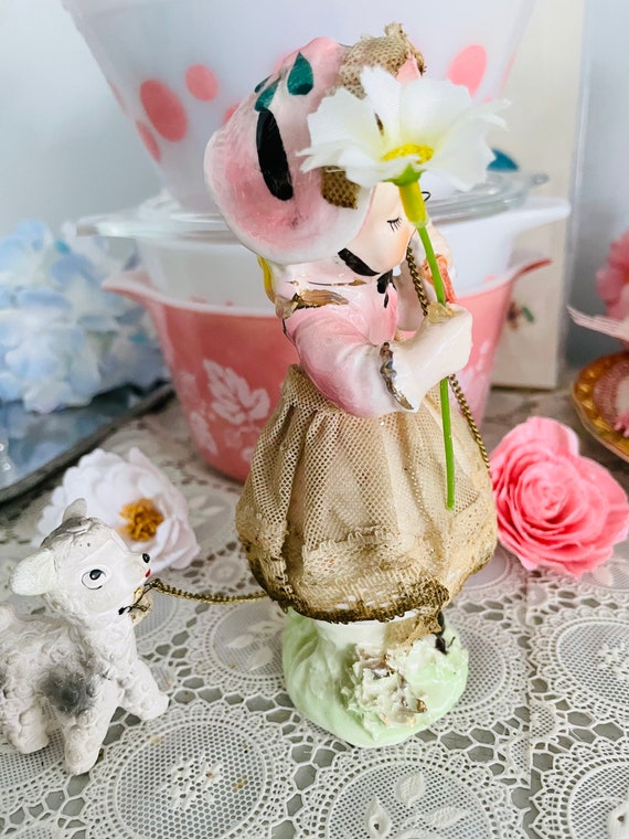Vintage Little Bo Peep With Sheep Ceramic Girl in Tutu Dress