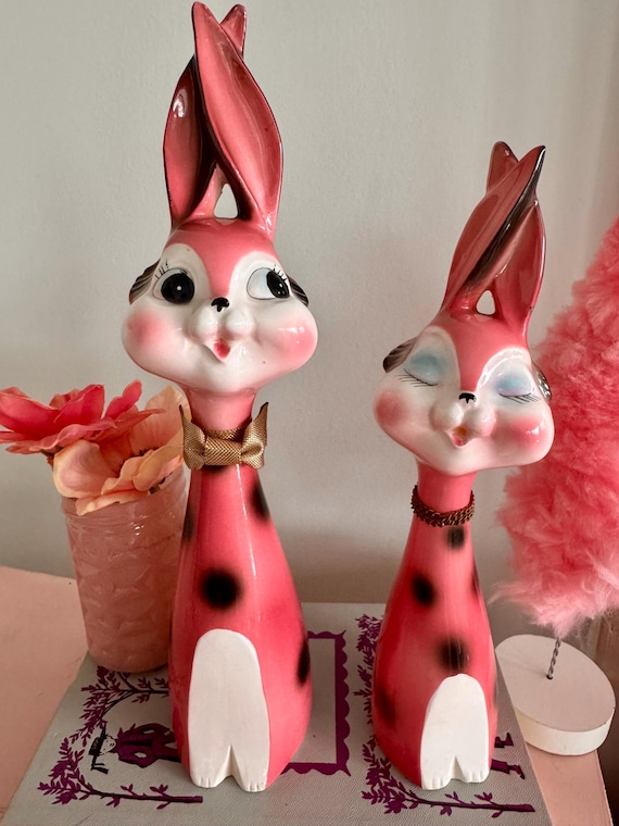 Vintage Kitsch RARE Ceramic Large Pair Polka Dot Big Eyed Spring