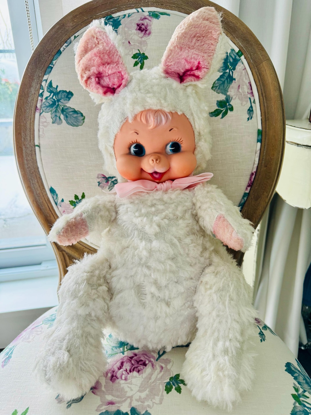 Vintage Rushton Style Chiltern Rubber Face Large Pink Bunny Plush