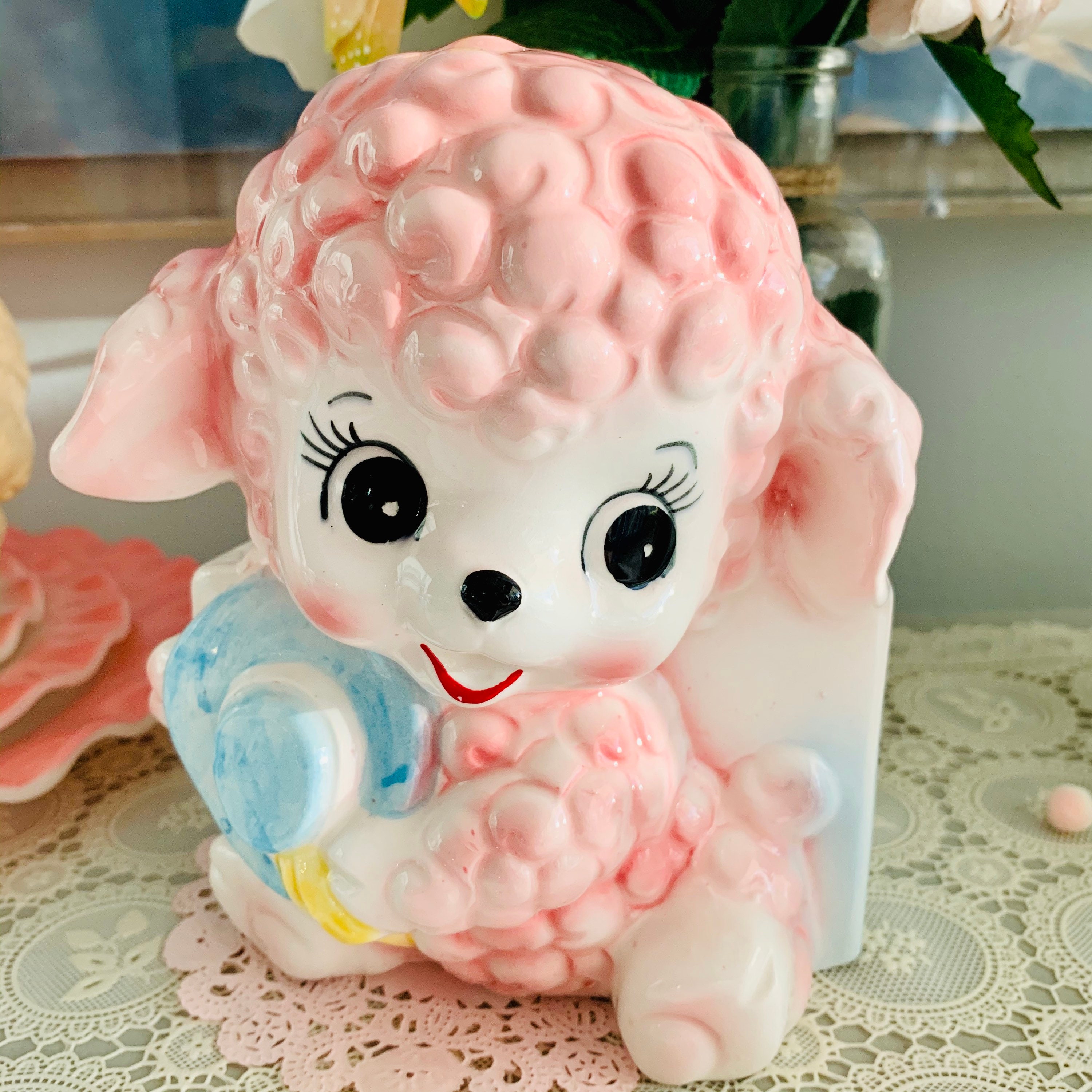 Vintage Kitsch Japan Relpo Rare Ceramic Pink Poodle Lamb