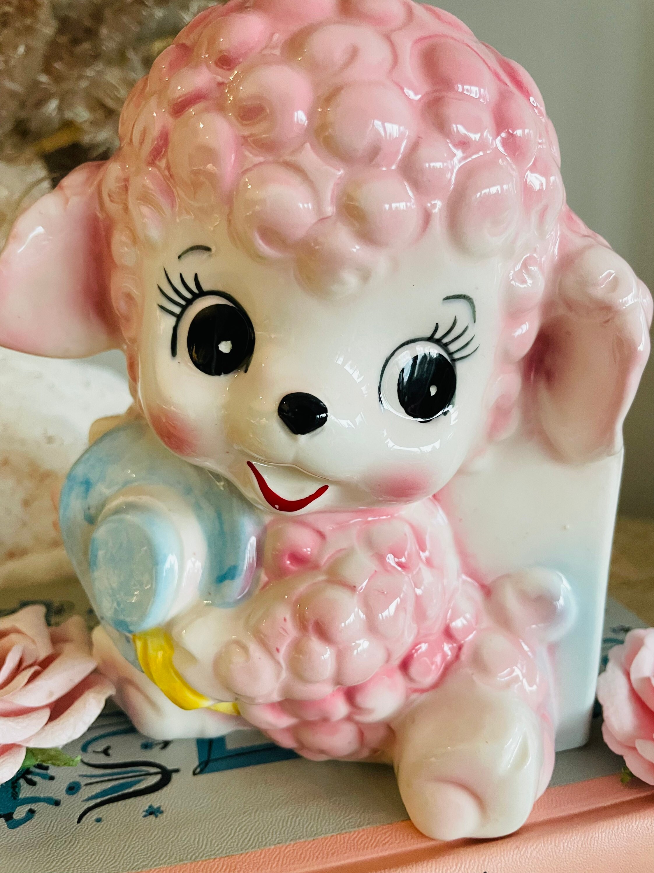 Vintage Kitsch Japan Relpo Rare Ceramic Pink Poodle Lamb