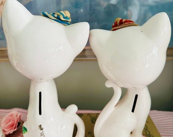 Vintage Japan Big Eye Floral Kitty Cats With Sweater Beanies