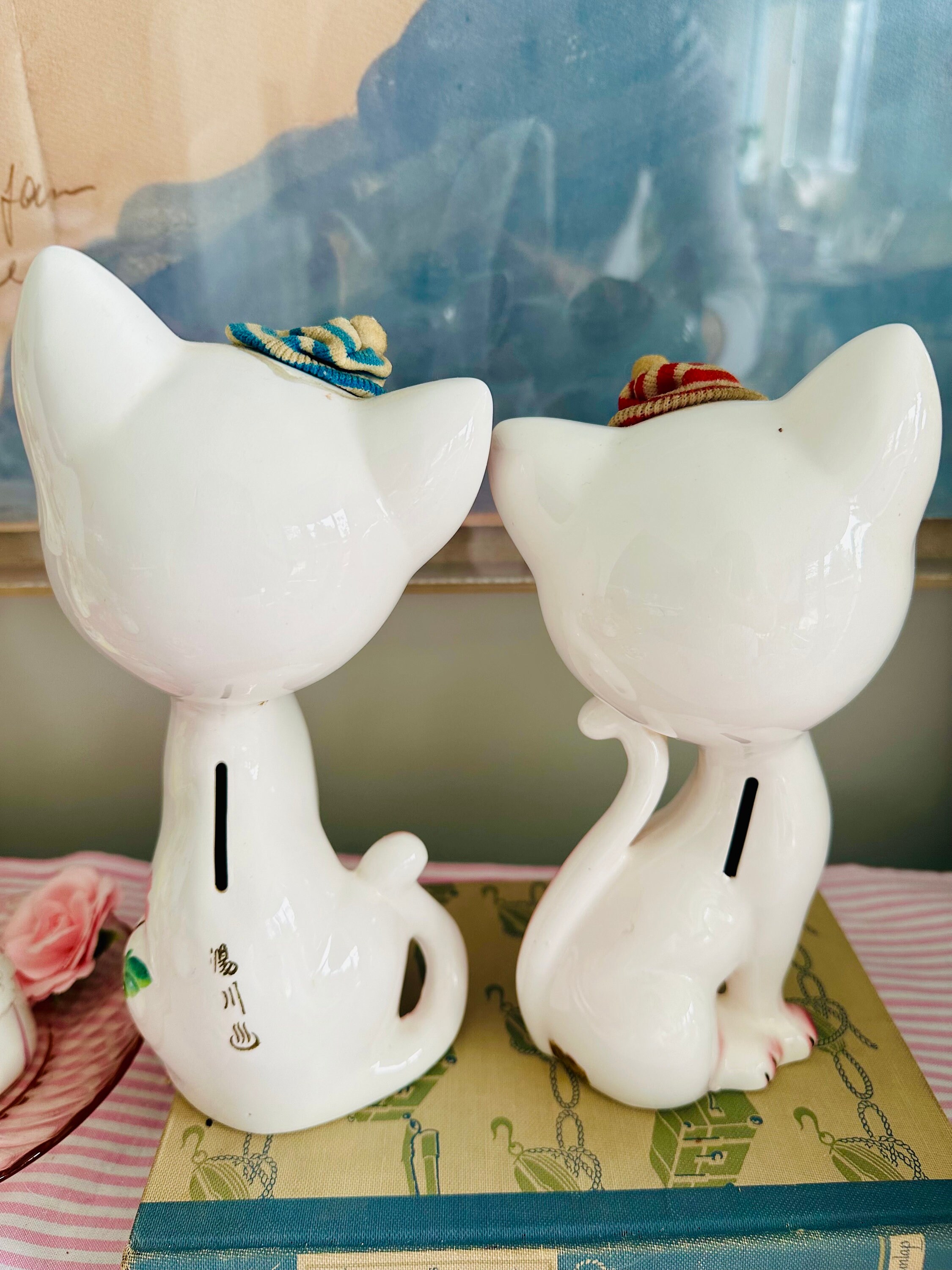 Vintage Japan Big Eye Floral Kitty Cats With Sweater Beanies