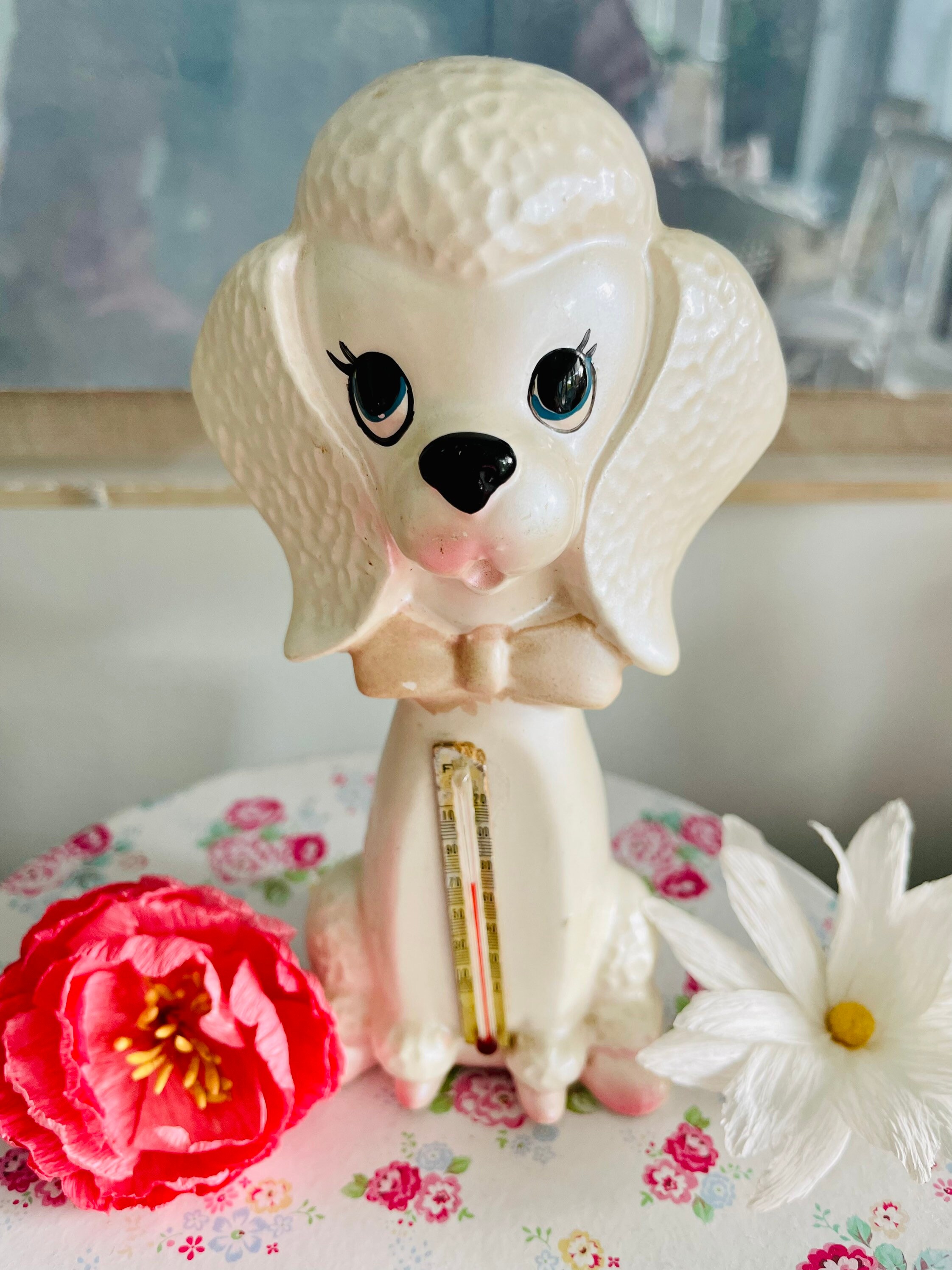 Vintage Kitsch Ceramic Japan Pink  Bow tie Pearlescent  Poodle Dog figurine-  Anthropomorphic Mid Century