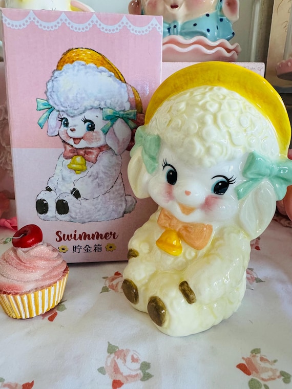 Japan Swimmer Meyercord Kitsch Lamb Sheep With Bonnet Piggy Bank