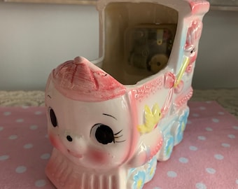 Vintage Kitsch Japan  Ceramic bird pink train dish planter Vase figurine  - Mid Century Japan rare