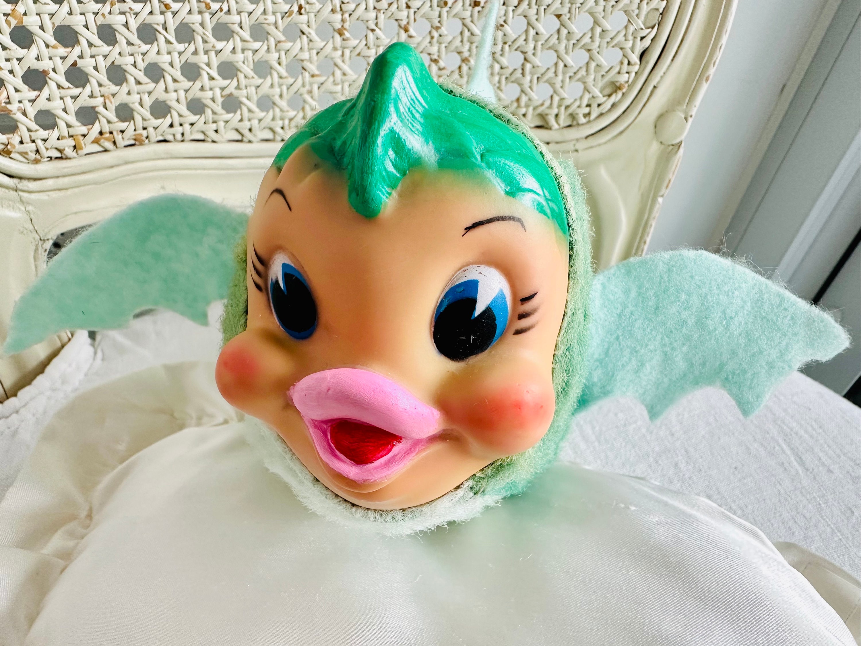 Vintage Rushton Rubber Face Green Fish Plush Toy Doll