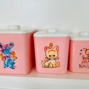 Vintage Japan Original Kitsch Pink Meyercord Baby Animals decals set of 3  Plastic Storage Canisters - Mid Century