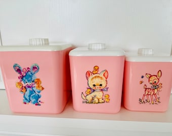 Vintage Japan Original Kitsch Pink Meyercord Baby Animals decals set of 3  Plastic Storage Canisters - Mid Century