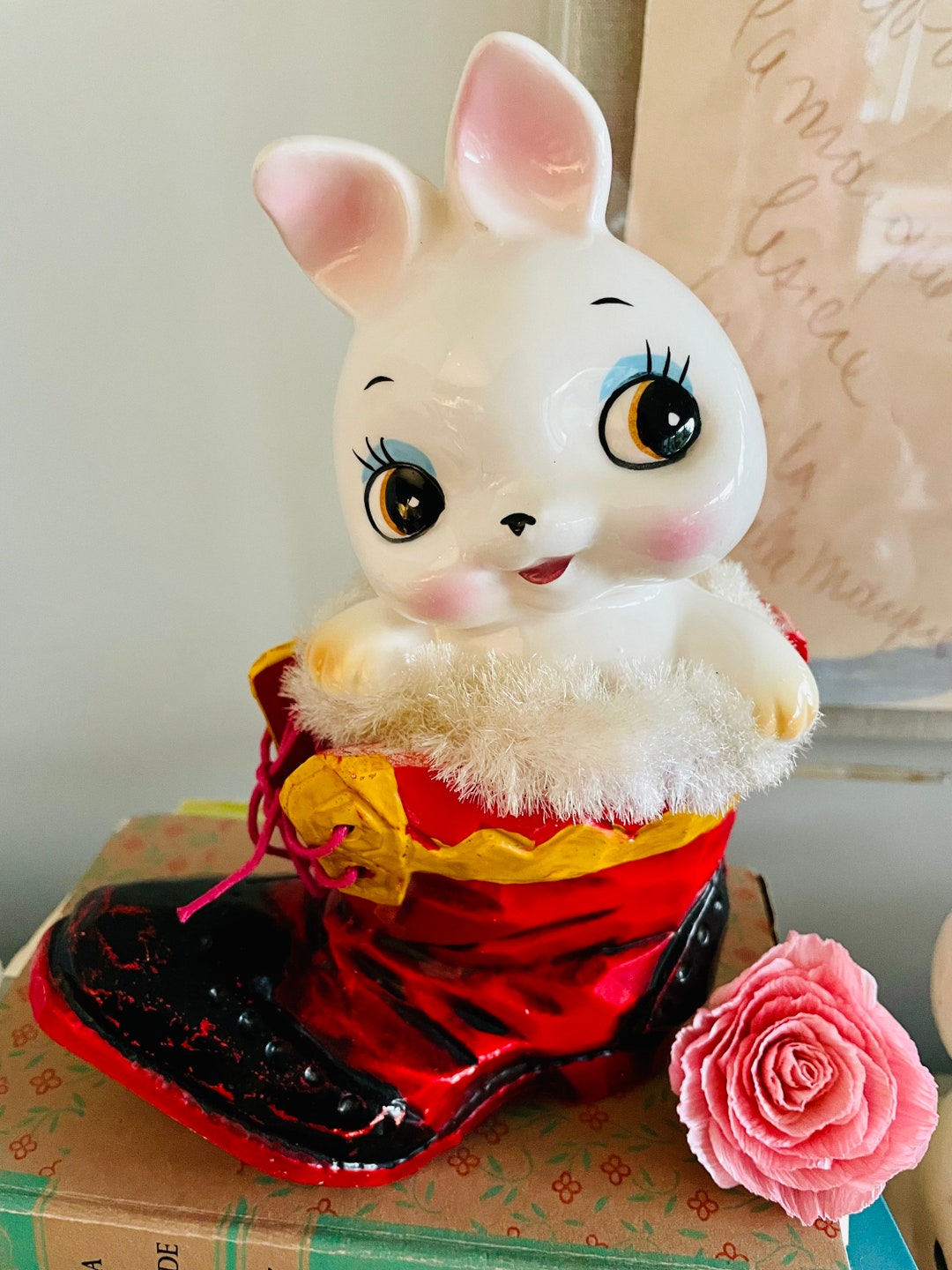 Kitsch Shiny Rabbit Vintage Kitsch RARE Large Ceramic Big Eyed Furry Bunny Rabbit Boot ...
